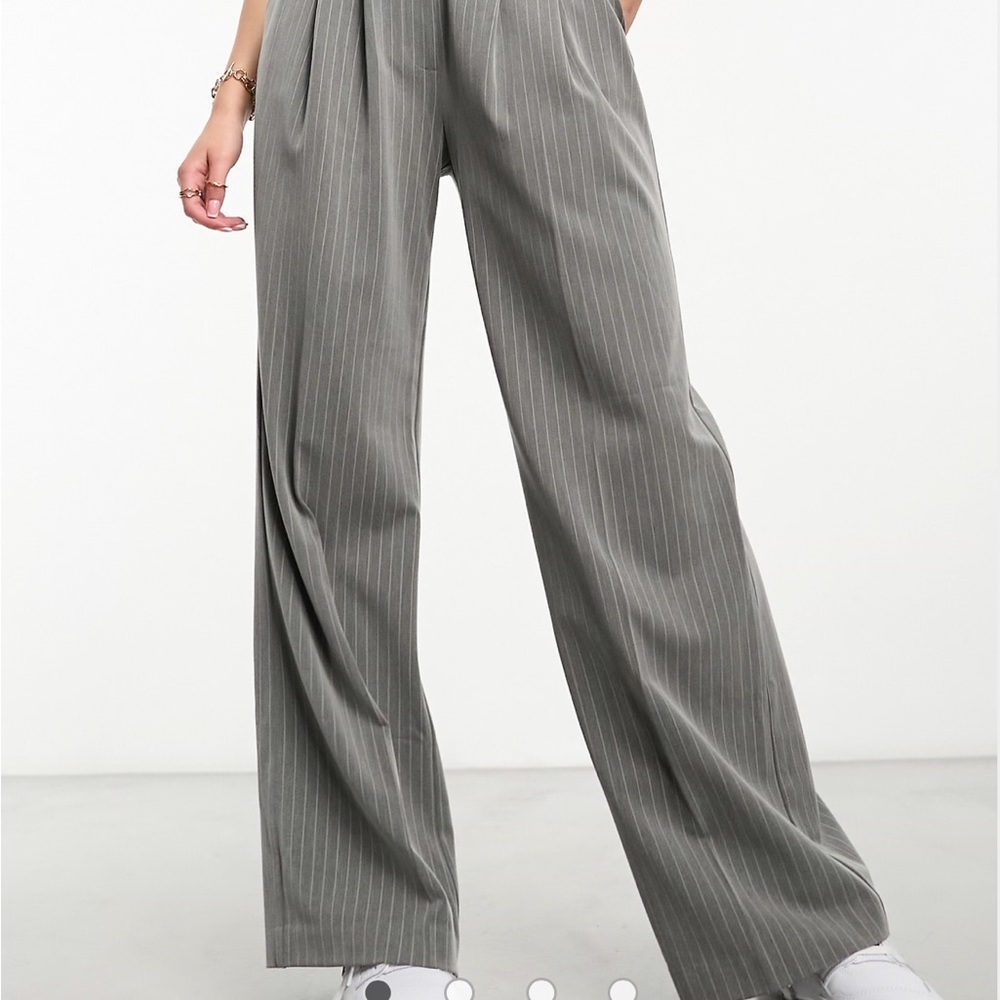 Miss Selfridge slouchy wide leg pinstripe pants with extended tab detail